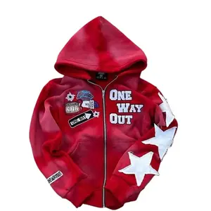 Embroidered Patchwork Hoodie Cotton Casual Streetwear Y2K Punk Hip Hop Harajuku Vintage Oversized Zip Up Sweatshirt Sportswear For Men Women Unisex