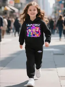 Autumn Winter New Girls' Long Pants Set Hoodie and Pants Fleece Lined Warm Suitable for 3-10 Years Outdoor Sports Kpop Fashion