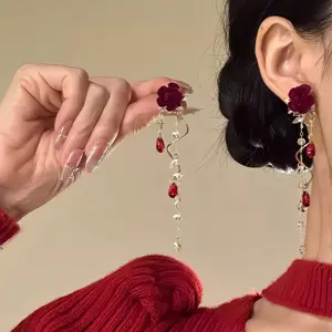 Elegant Crystal Velvet Rose Flower Dangle Earrings, French Long Ear Rings, High-End Jewelry for Girls' Party Wedding