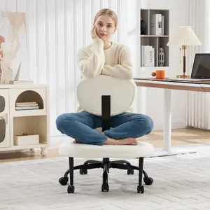 [summervibes] EBELLO Ergonomic Cross Legged Swivel Chair - Adjustable Height, Teddy Fabric, Back Support, Versatile for Home & Office Use, Cheap Furniture Kneeling Postures
