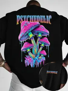 New Men'S T-Shirt Featuring a Trendy Mushroom Print with Layered Text Decoration in a Short-Sleeve Design