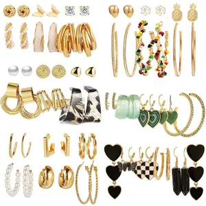 34Pairs Women'S Golden Hoop Earrings Set - Fashion Drop Dangle Earrings with Black Hearts, Perfect for Valentine'S Day Christmas