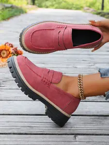 Women's PU Leather Loafers, Slip On Shoes, Round Toe Textured Design, Medium Shoe Width, Rubber Sole, American Retro Style, Multiple Colors Available