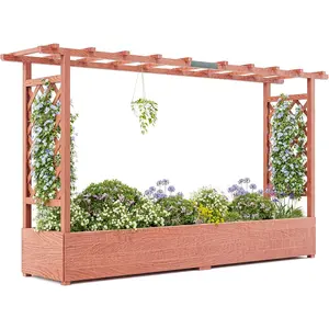 79"x17"x45" OutdoorVibe Raised Wooden Planter Box with Trellis, Elevated Garden Bed with Side Supports, Canopy, and Drainage Holes – Perfect for Climbing Plants,Vines,and Blossoms