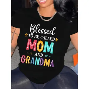 Summer Fashion Women'S Clothing Blessed to Be Called Mom And Grandma Letter Print Loose Fit T-Shirt Women'S Casual Short Sleeve Top