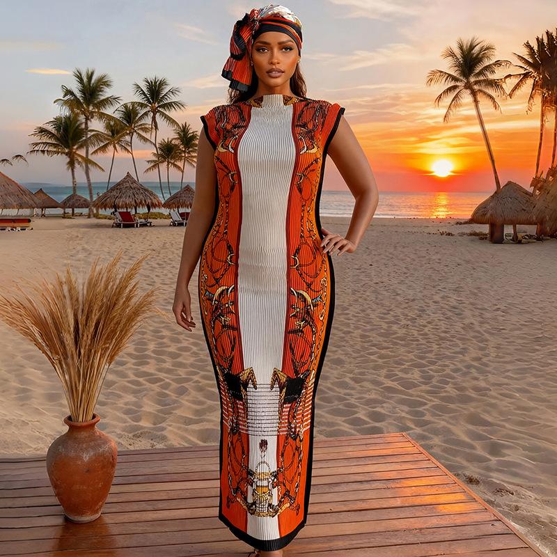 Women's Elegant Animal Print Long Dress Set, Slim-Fitting Muumuu Dress & Scarf, Beach Sun Protection Shawl, All Seasons Fashion