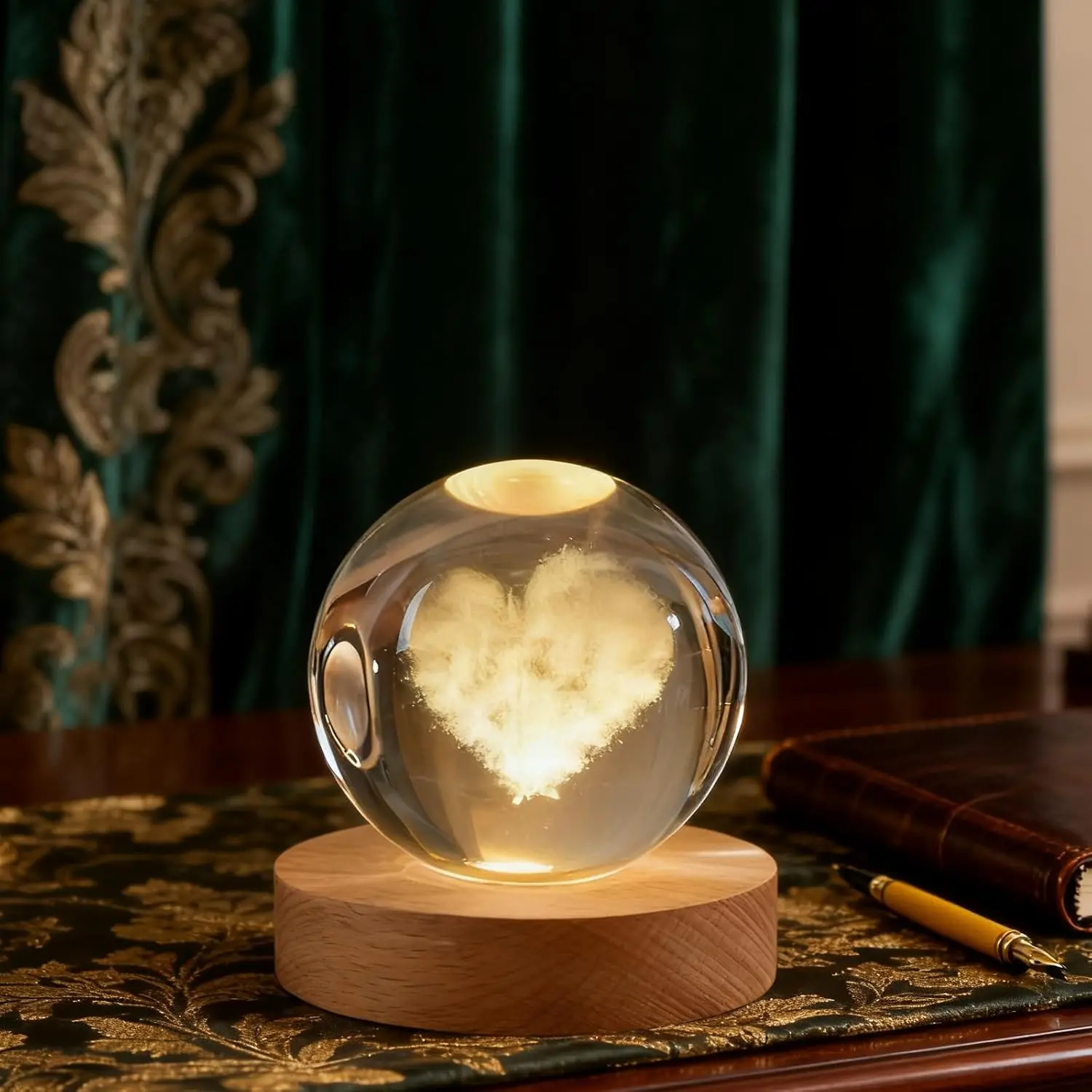3D Heart-Shaped Cloud Crystal Ball with LED Lights, Laser-Engraved Romantic Couple Glass Decor, 2.4-Inch Crystal, Valentine’s Day Gift for Wife, Girlfriend, Laser Engrave