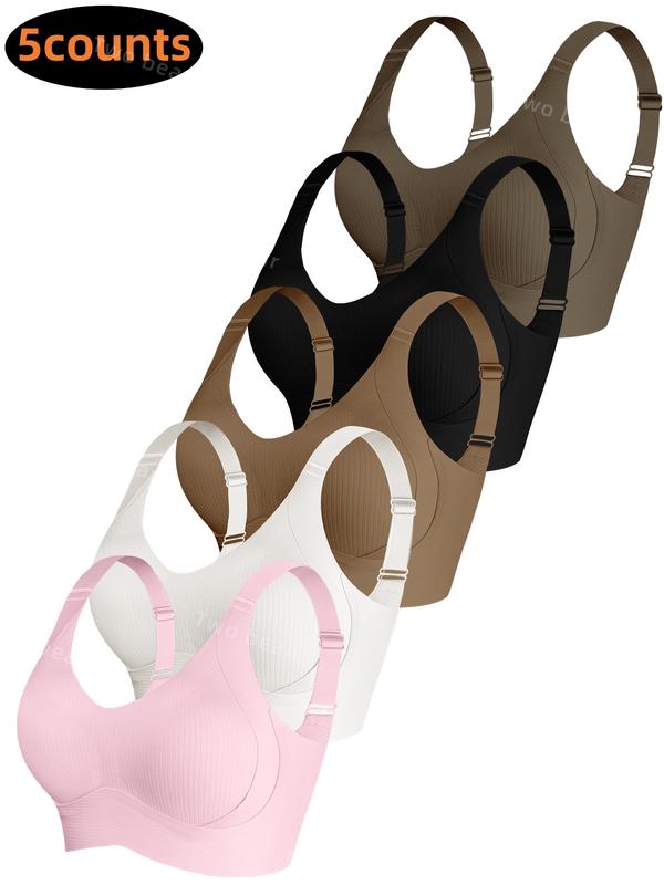 [7/5/4/3Pcs]Women's Solid Four-breastedAdjustable Wireless Bra,Curvy SoftComfortable BreathableRibbed PushUp Seamless Bra,Women's Lingerie forAll Seasons,Womenswear