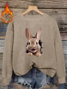 Women's Fall Winter Fitted Animal Print Sweater, Soft & Cozy Round Neck Top, Casual Style with Fun Rabbit Pattern