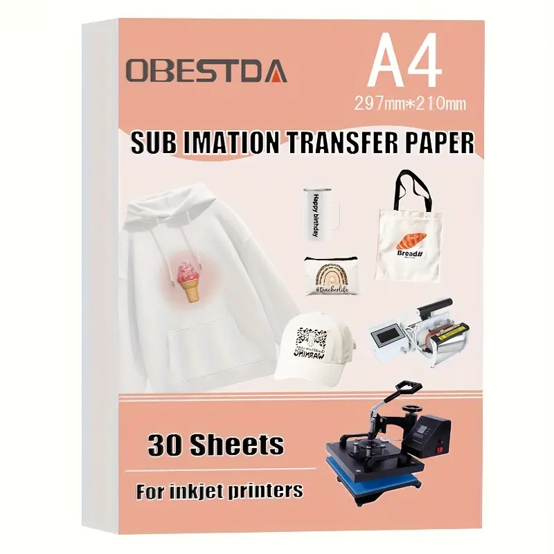 A4,30 Sublimation Heat Transfer Paper for Polyester Cotton T-Shirt Cushion Fabrics Cloth Mugs Phone Case DIY Printing Design High Quality Paper