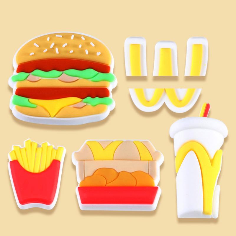 Cartoon Burger and French Fries Croc Shoe Charms for Kids Boys Girls Women Men PVC Wristband Sandals Clog Accessories Party Favor with Dragon and Character Designs