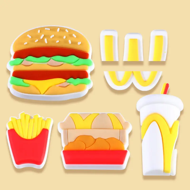 Cartoon Burger and French Fries Croc Shoe Charms for Kids Boys Girls Women Men PVC Wristband Sandals Clog Accessories Party Favor with Dragon and Character Designs