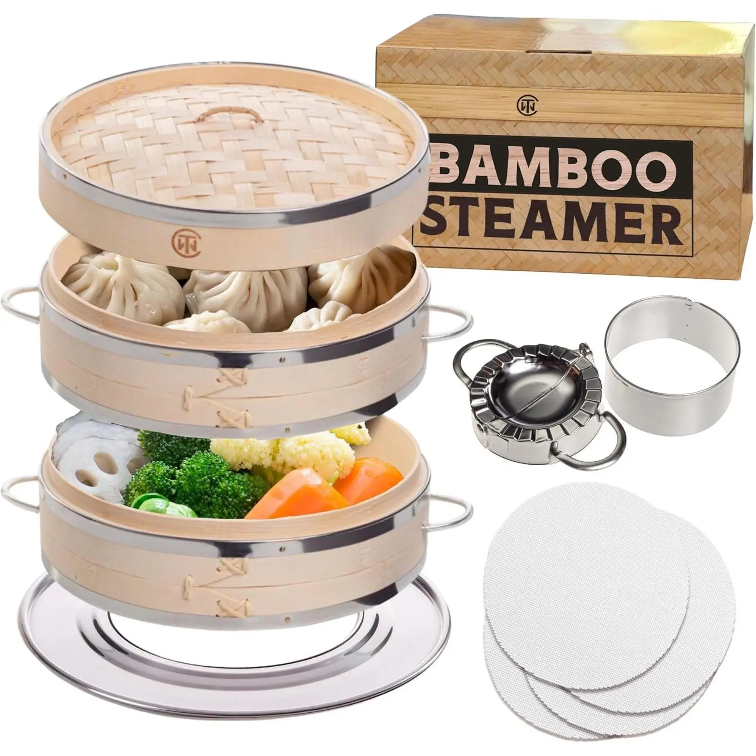 Steamer 10 Inch - Dumpling Steamer Basket 2 Tier,  Steamers For Cooking Dumplings, Bao Bun, Dim Sum, Rice Potsticker & Veggie  Steaming Basket with Steel Rims, Handles & Accessories