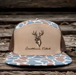 Whitetail Buck 7 Panel Hat Camouflage Brim and Embroidered Whitetail Design Hunting Gear Gift For Him, Gift For Her