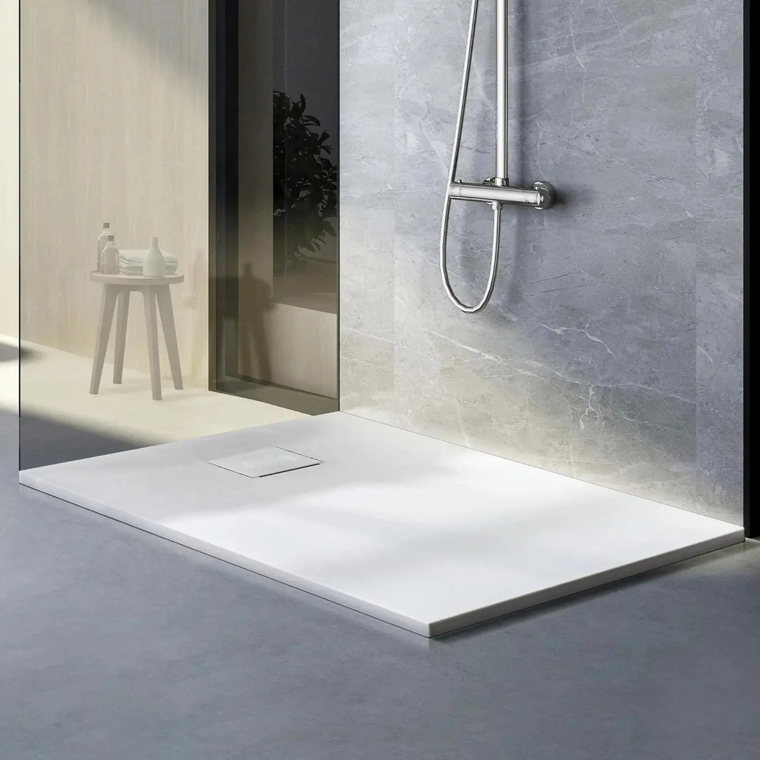Low-Profile Zero Threshold End Drain SMC Shower Pan Base, Matching White Drain Cover