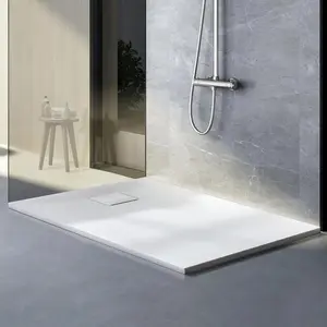 Low-Profile Zero Threshold End Drain SMC Shower Pan Base, Matching White Drain Cover