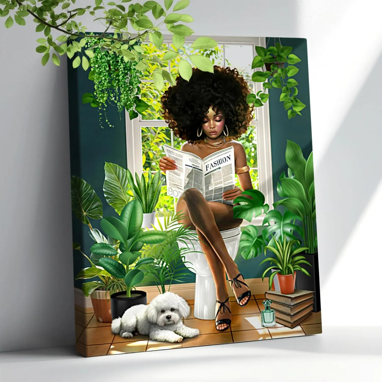 Artistic African American Black Women Green Botanical Framed Canvas Wall Art, 12"x16" Colorful Style Home Decor Poster-Print for Balcony, Kid Room, Wardrobe-Inspired Modern Fashion Bathroom/Bedroom Decor, Waterproof Print, 20" X 24"