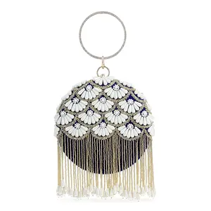 Hand Embroidery Pearl Velvet Clutch Tassels, Ring Handle and Sling Chain