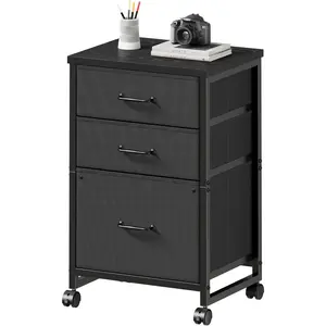 Three-drawer mobile file cabinet with wheels, fabric vertical file cabinet, suitable for A4 or Letter size documents, suitable for home office, black