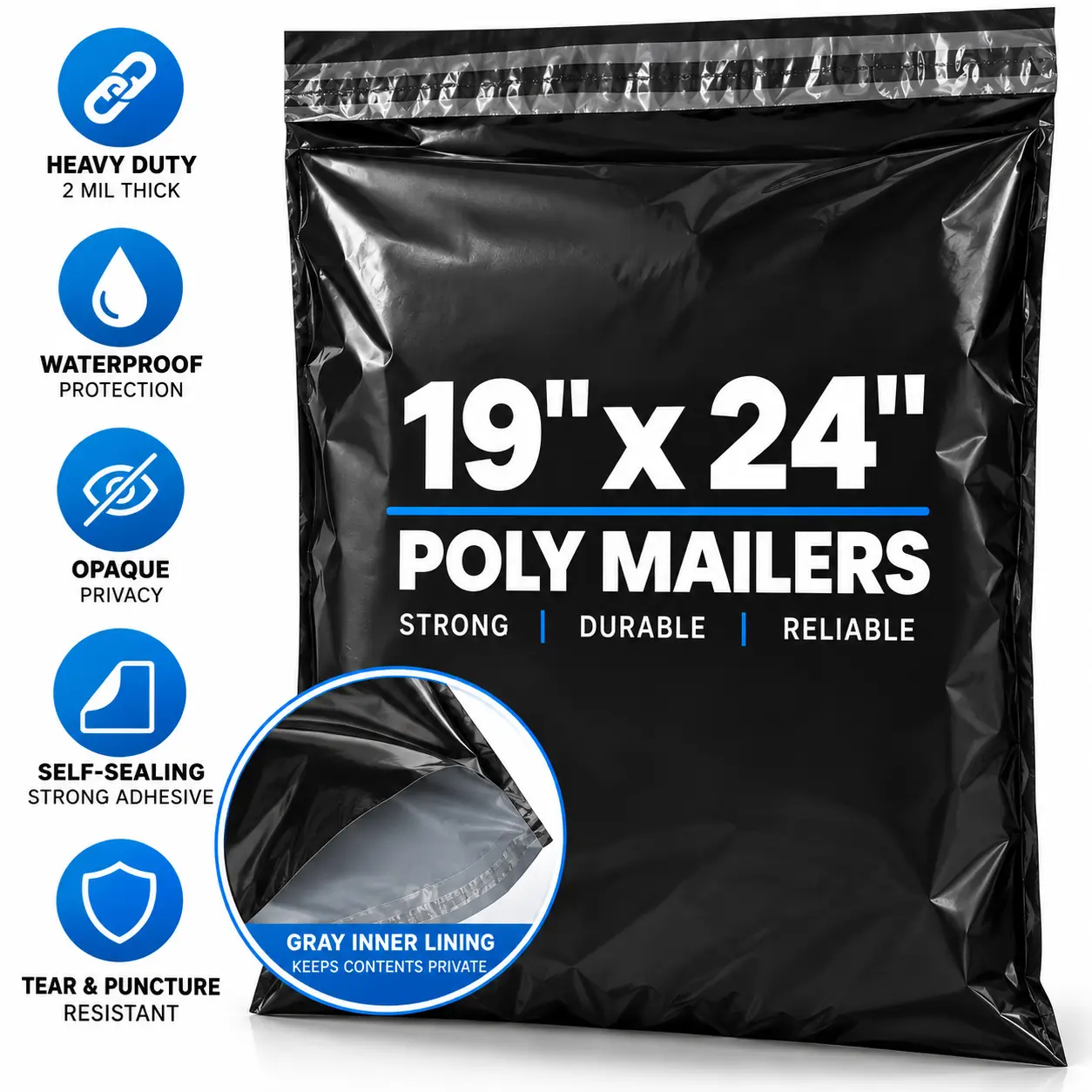 19x24 in Black Plastic Envelopes - Waterproof, Tear-Resistant Postal Mailing Bags, Self Sealing Shipping Supplies (50 Pack)