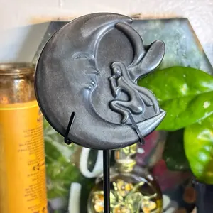 Silver Sheen Obsidian Moon with Fairy Engraving for Home Decor and Healing Unique Healing Stone for Spiritual Balance