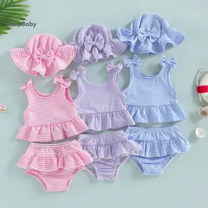Toddler Baby Girl Striped Swimsuit Cute Fashionable Ruffle Tank Tops with Bottom, Hat 3Pcs Bathing Suit
