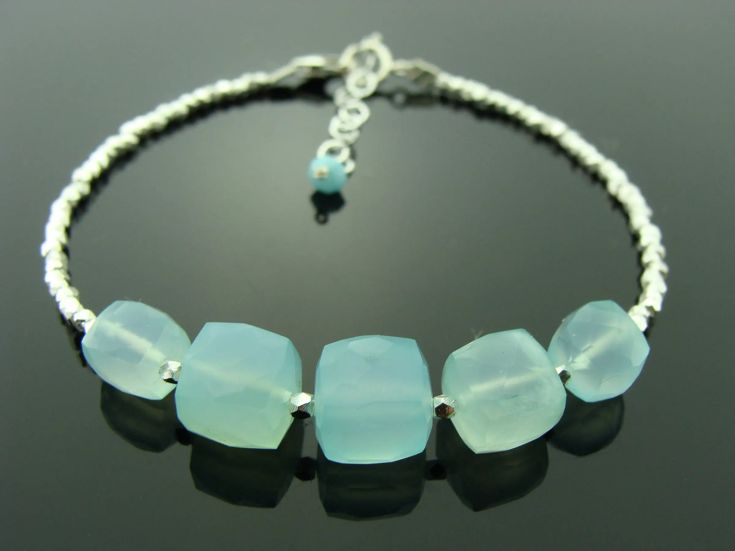 Aqua Blue Chalcedony Bracelet · Hill Tribe 925 Sterling Silver · Gemstone Cube Jewelry · Dainty Bracelet
