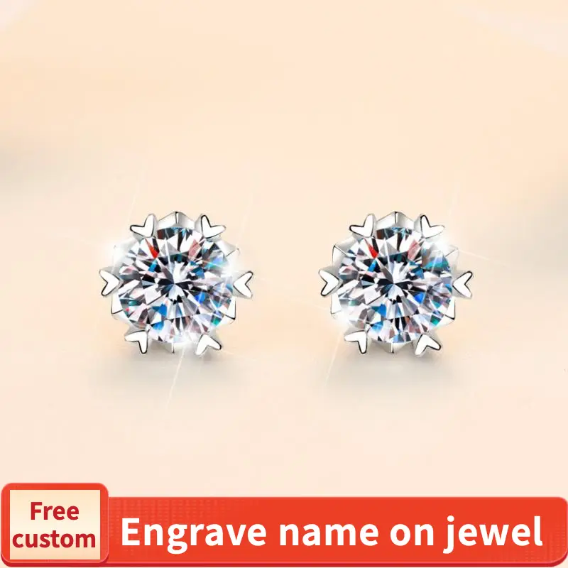 S925 Sterling Silver High Grade Certified Synthetic Moissanite Snowflake Ear Stud E Cut VVS1 Clarity D Color Daily Life Earrings