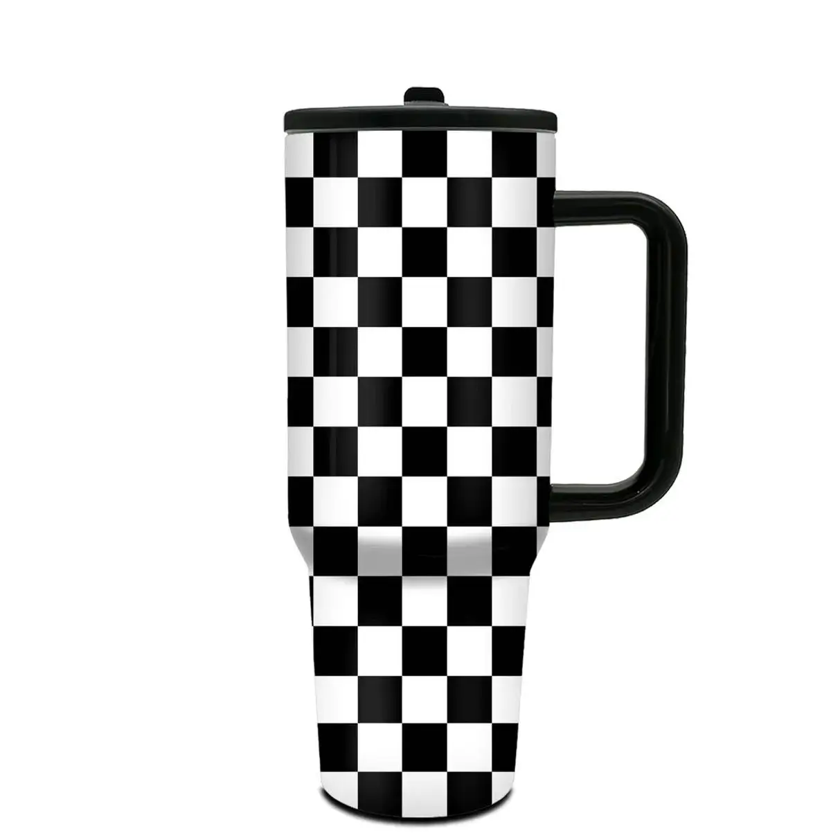 Black & White Checkerboard Stainless Steel Tumbler with Handle & Straw, Vacuum Insulated Leakproof Travel Mug, Hot & Cold Drink Cup