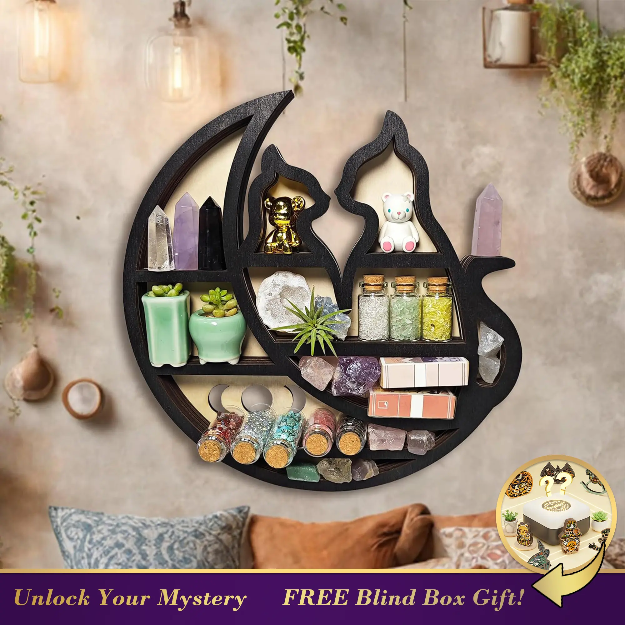 FNYDOX Crystal Display Shelf for Wall Cats on The Moon Shelf Crescent Moon Phase Cute Home Decor Wooden Rock Display Shelf Crystal Holder Stone Storage Aesthetic Hanging Floating Organizer