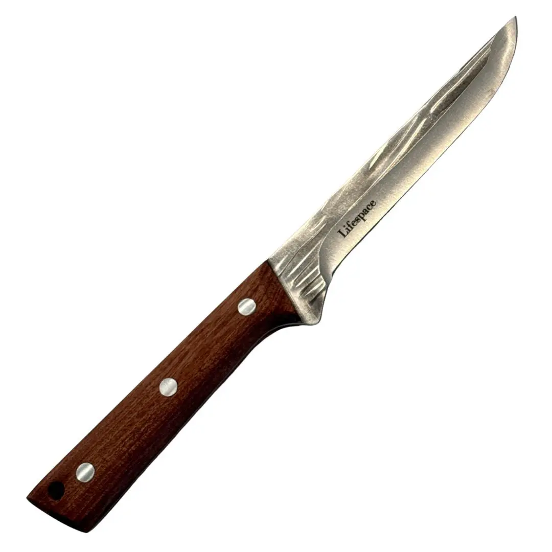 Lifespace 5.7 in Durable Stainless Steel Trimmer-Boning Knife - Tapered Blade, Curved Tip, Flexible Design, Red Wooden Ergonomic Handle, BPA-Free Plastic Components for Meat Cutting, Brisket Prep - Ideal for Home Cooks, Culinary Enthusiasts, Gifting, Kniv