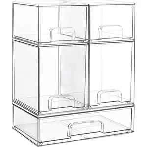 Stackable Storage Drawers Set of 5, Clear Plastic Organizer Bins for Bottle, Beauty Supplies Storage, Ideal for Kichen Countertop, Vanity, Bathroom, Cabinet, Pantry Organization