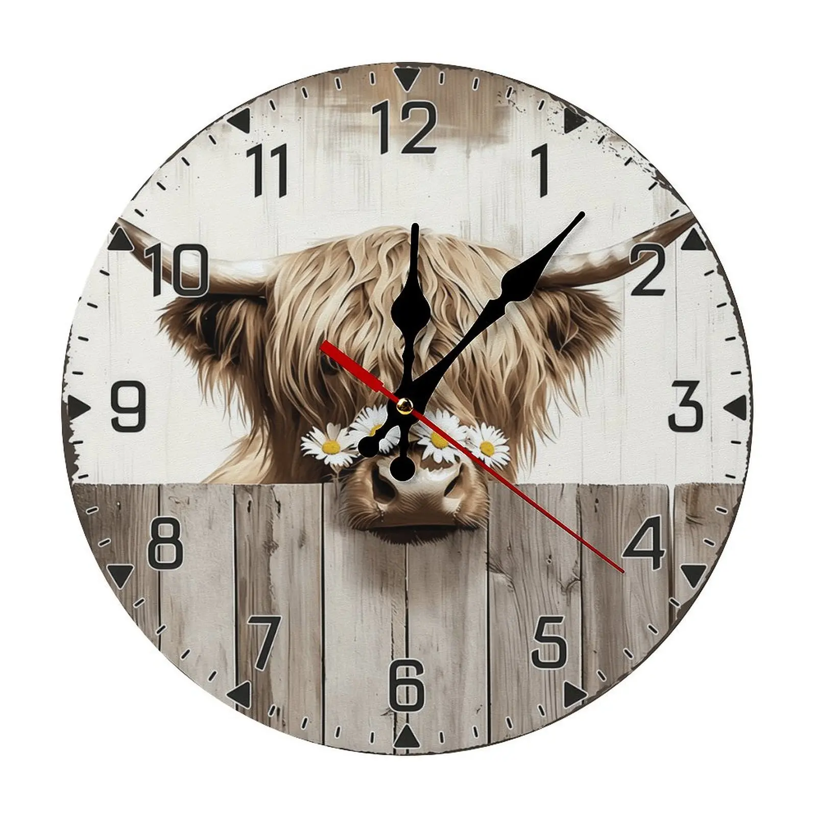 Rustic 5mm Thick 10-12in Fluffy Wooden Highland Cow Daisy Peeking Fence Wall Clock - Silent Ultra-Quiet Battery-Operated Classic Round Animal Clock, Farmhouse Kitchen Decor, Casual Daily Use, Easy Install, Ideal Gift For Cow Lovers
