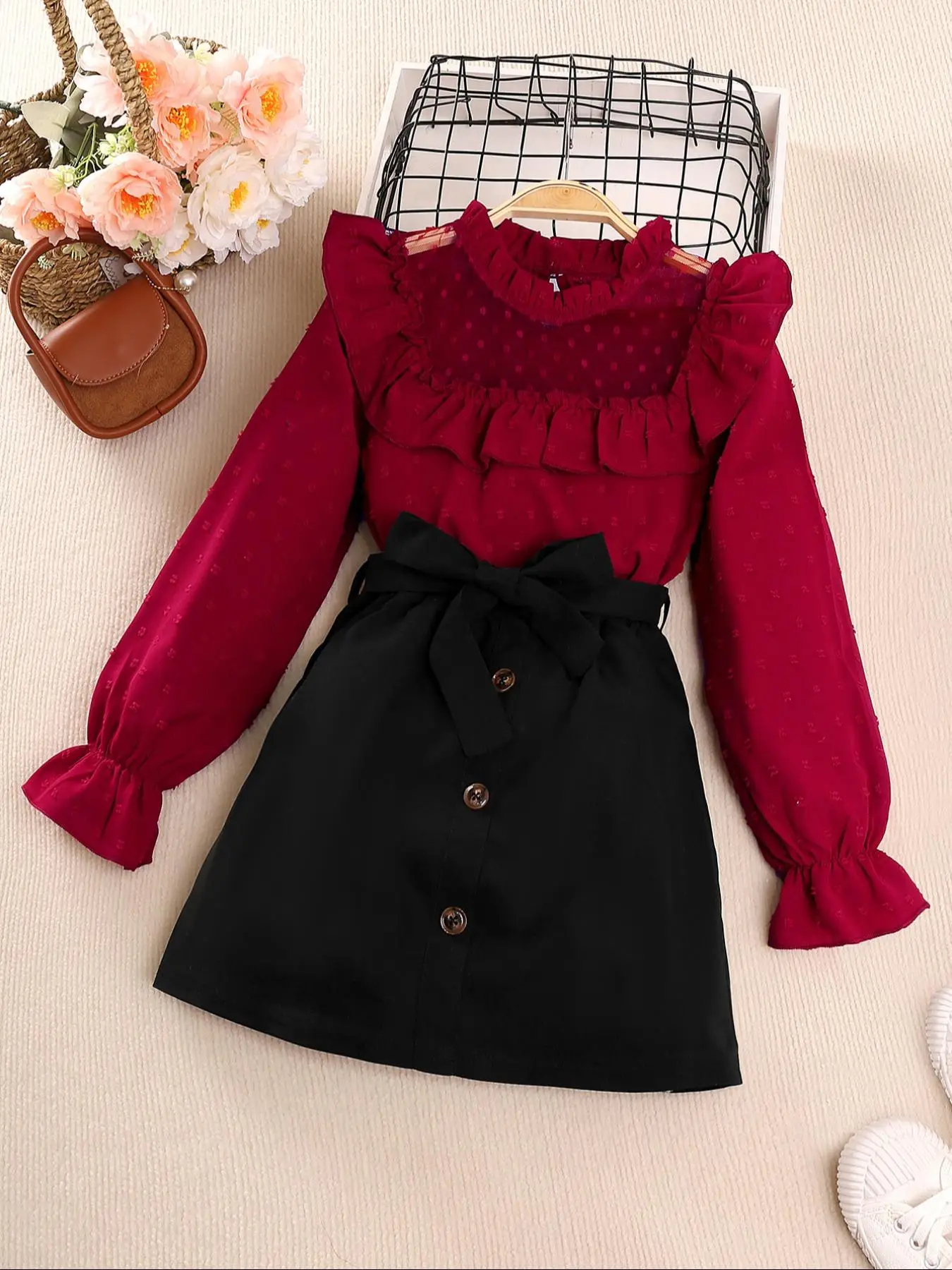 Two-Piece Set Girl's Solid Swiss Dot Frill Trim Sheer Blouse & Belted Skirt Set, Elegant Fashion Casual Mock Neck Long Sleeve Top & High Waist Button
