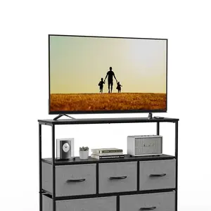 【Black Friday & Cyber Monday】Sweet Furniture F Entertainment Center with 5 Fabric, Media Console Table Open Storage Shelf Dresser for Bedroom/Living Room/Hallway, TV Stand with 5 Drawers