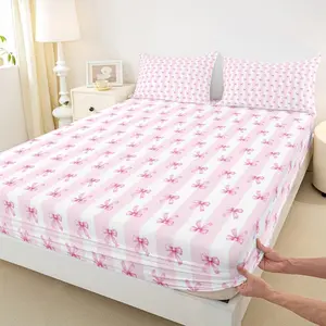 Kids Bow Fitted Sheet Full Size 3Pcs Pink Bowknot Stripes Bedding Sets for Girls Teens Women Sweet Princess Style Girly Bow Ribbon Deep Pocket Bed Sheet with 2 Pillowcases Room Decor
