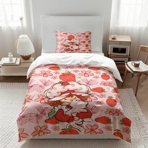 Strawberry Shortcake Duvet Cover Set (2/3-Piece, 1 Duvet Cover + 1-2 Pillowcases, No Pillow Inserts or Comforter Included), Cute Character & Strawberry Print, Soft Bedding, Perfect for Kids' Bedroom Decor, Ideal Gift for Fans