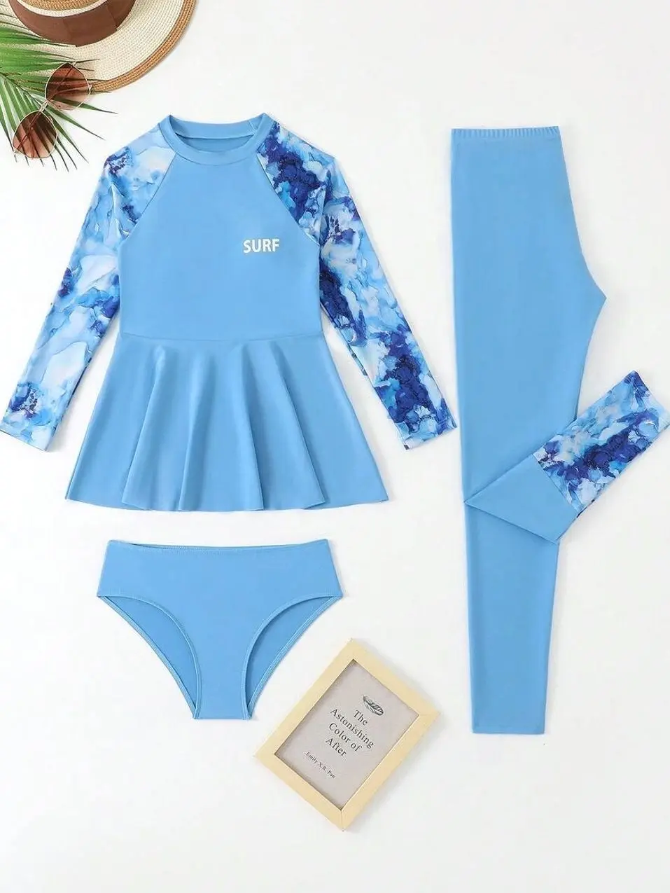 Tween Girls 3-Piece Rash Guard Set | Long Sleeve Top & Leggings | UV 50+ Sun Protection Summer Beach Holiday Swimwear