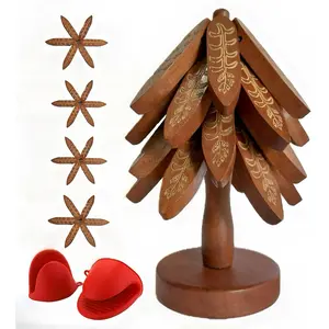 Wooden Trivets for Hot Dishes, Tree Shape Trivet Set, 4 Walnut  + 1 Stand stored Like a Christmas Tree,Foldable Kitchen Wooden Trivet,for Hot Dishes?Pot?Bowl?Teapot(Walnut ), Non-Slip Design