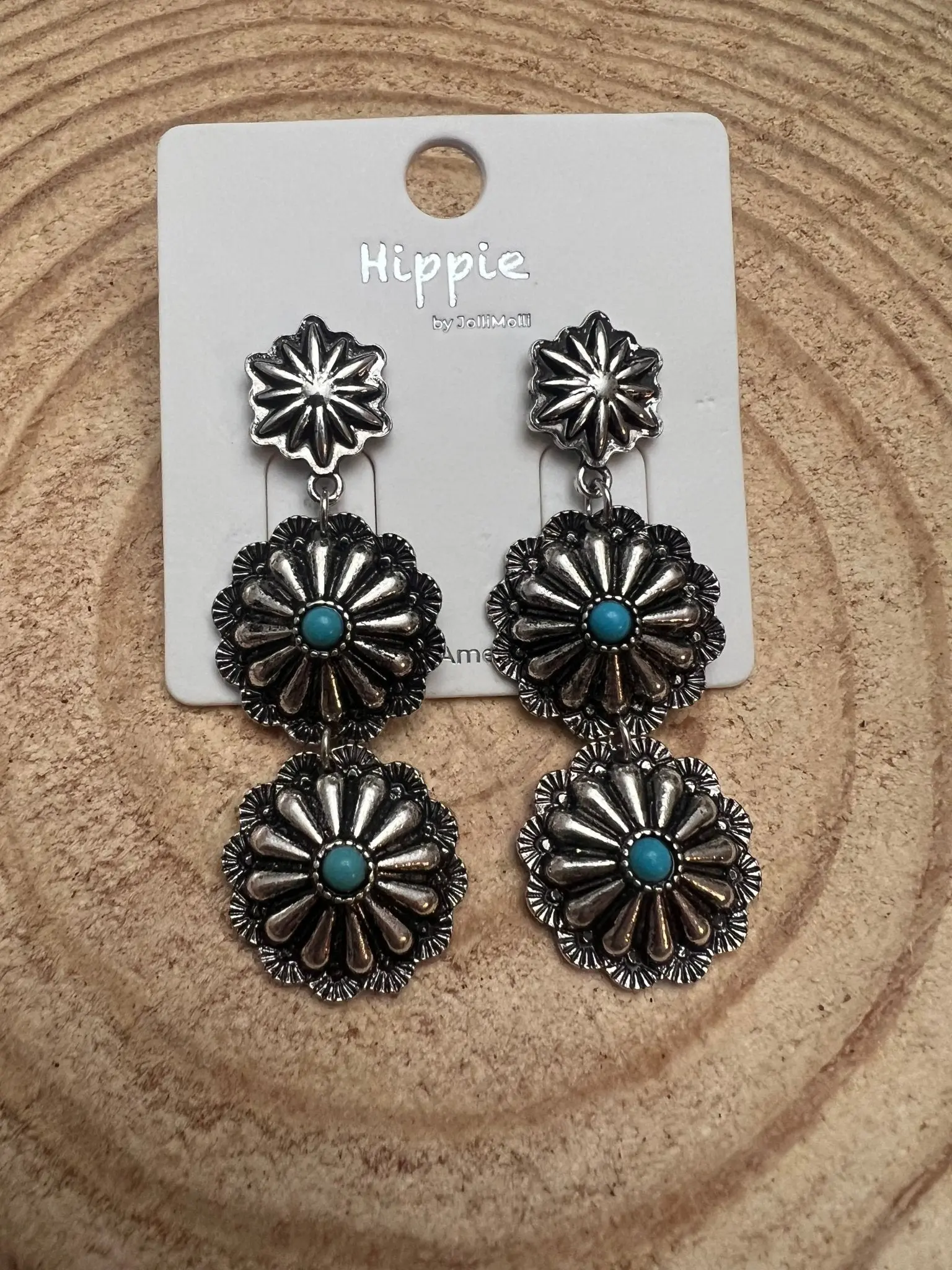 Western 3-Concho Dangle Earrings with Faux Turquoise — 2¼" Drop