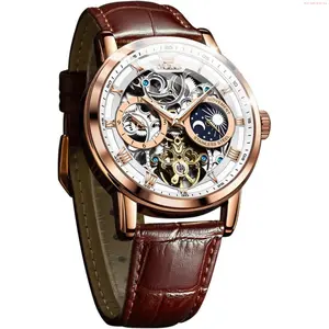 OLEVS Watch OLEVS Men Skeleton Watch Automatic Winding Moon Phase Dress Luxury Leather Strap Waterproof Luminous Men Wrist Watch