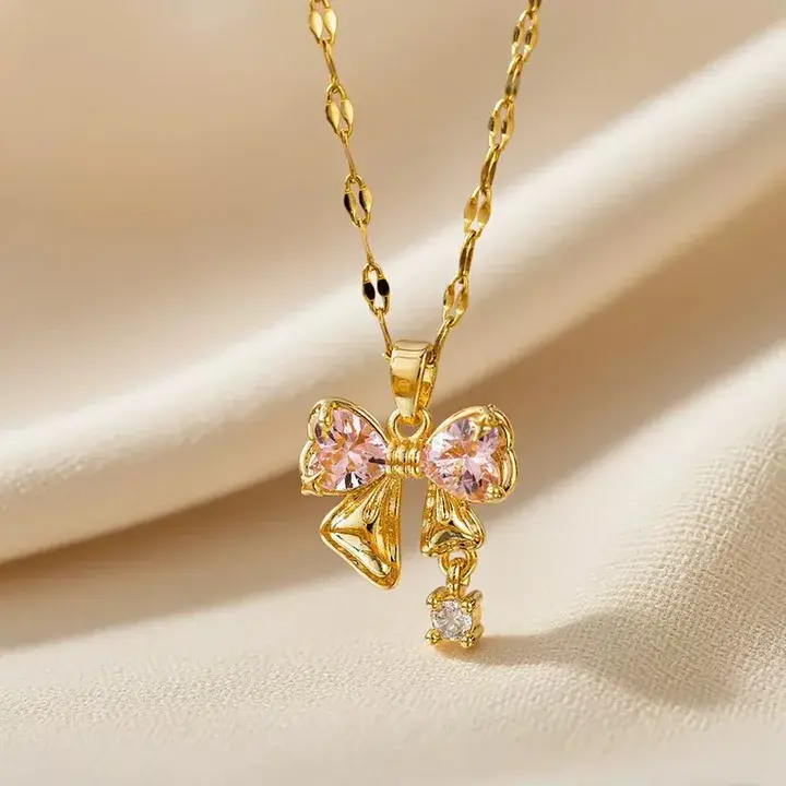 Sparkly Pink Heart Cut Bow Pendant Necklace with Adjustable Chain, Rhinestone Inlay Costume Jewelry, Girly Look Daily Wear Accessory, Delicate Gift for Sweet Wishes