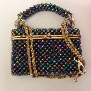 Handmade Iridescent Beaded Box Clutch: Crystal Mini Evening Bag