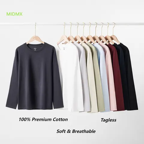 MIDMX Men's 100% Premium Cotton Retro Long-Sleeve T-Shirt - Menswear Top, Round Neck, Relaxed Fitted, Breathable, All-Season Streetwear, Easy Layering, Cold Wash Compatible