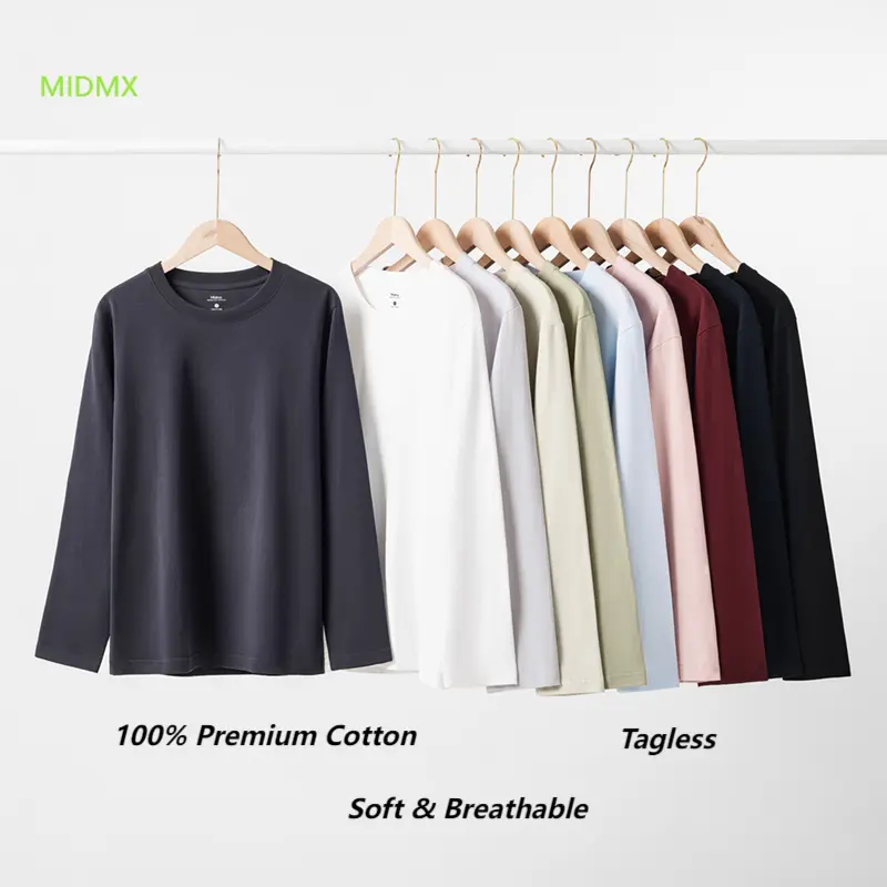 MIDMX Men's Retro Long-Sleeve Crew Neck T-Shirt in 100% Premium Cotton - Relaxed Fit, Breathable Fall Streetwear, Fitted