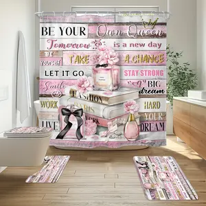 Pink Polyester Shower Curtain Set (1-4 Pcs) - Fashion Floral Perfume Bottle & Inspirational Quotes Design, Modern Waterproof Curtain with 12 Easy-Installation Hooks, Non-slip Bathroom Floor Mat, Toilet Seat Cover, U-Shaped Mat for Home Decor