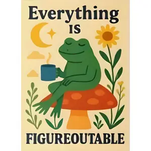 Everything Is Figureoutable Frog Diamond Painting Kit, featuring a relaxed green frog drinking coffee on a red mushroom with sunflowers and moon stars, retro boho style positive quote art, 5D round & square rhinestone DIY cross stitch home decor