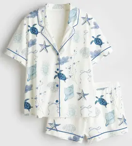 Women’s Summer Beach Ocean Coastal Summer Nautical Turtle Conch Bow Bachelorette Short Sleeve Satin Pajama Set for Adult & Youth, Bridal Party Gift, Coastal Theme Wedding Morning Sleepwear, Nightwear Set for Her (No pocket)