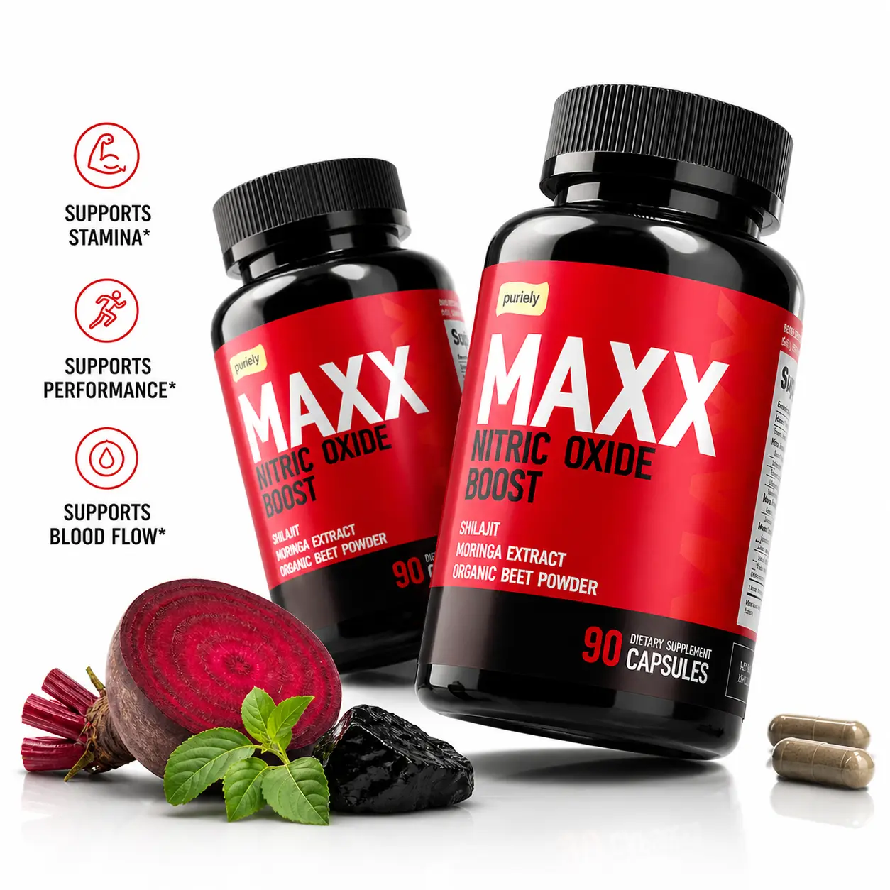 Puriely MAXX Nitric Oxide Blend Supplement | Multi-Nutrient Formula for Healthy Circulation & Overall Wellness | Natural Daily Vitality & Recovery Support | 90 All Natural Capsules