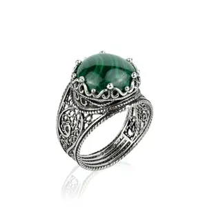Filigree Art Malachite Gemstone Crown Design Women Silver Cocktail Ring